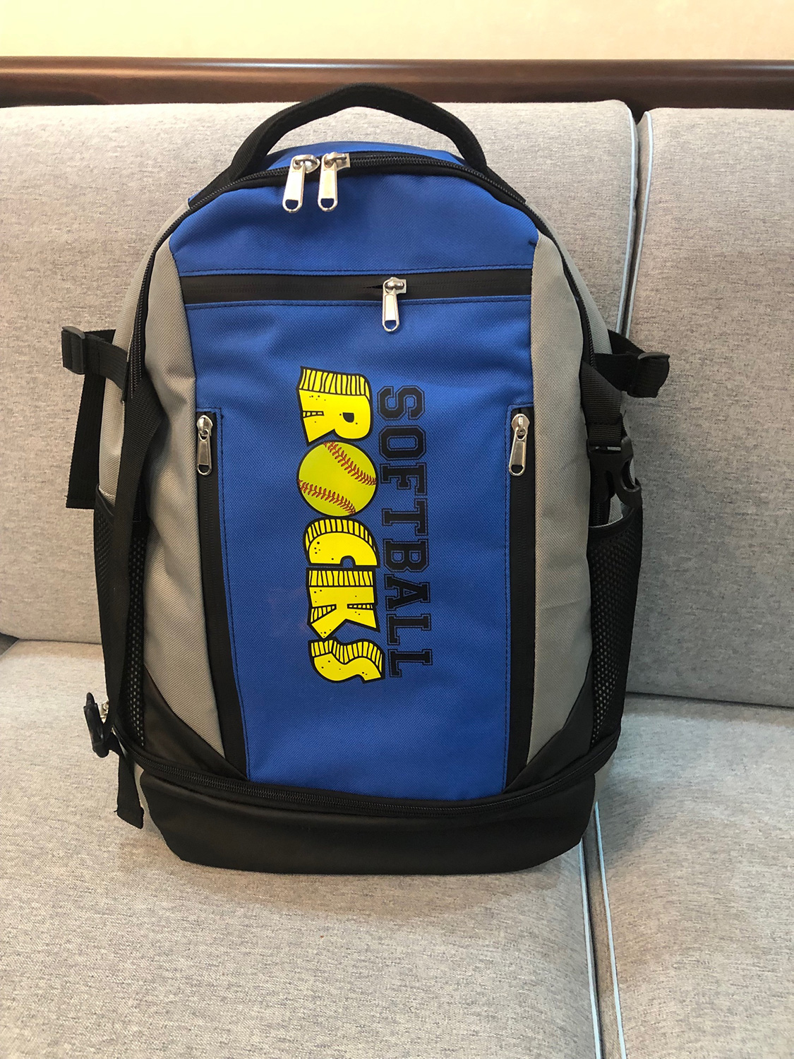 Customized Rango Sports softball bag with ‘Softball Rocks’ embroidery