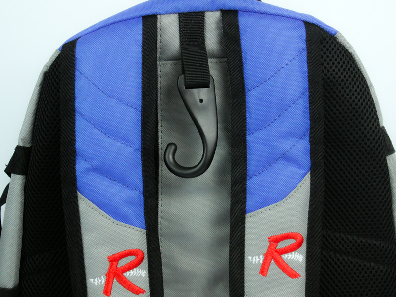 Close-up of the durable fence hook for hanging Rango Sports custom baseball bags in the dugout