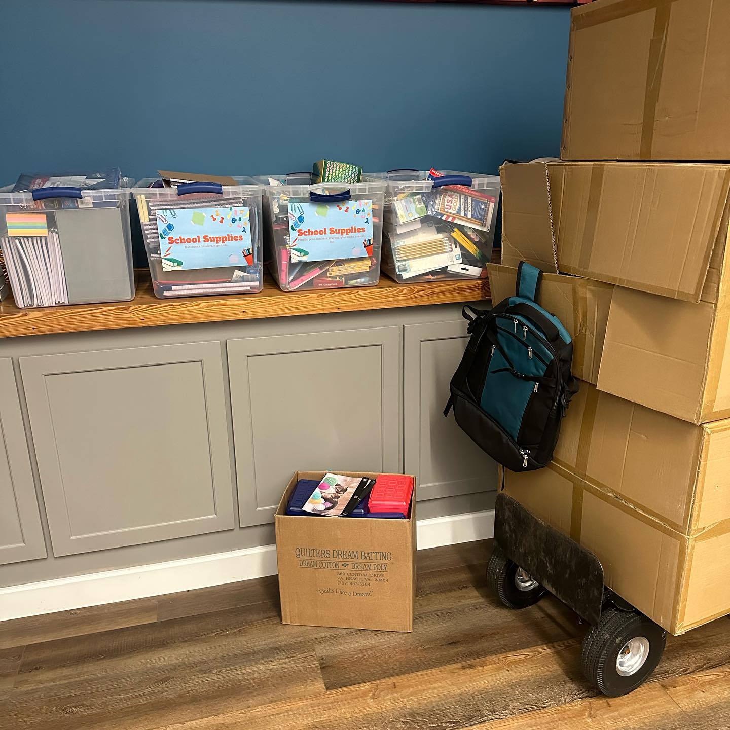 Boxes of school supplies being delivered to Hope Chapel by Rango Sports