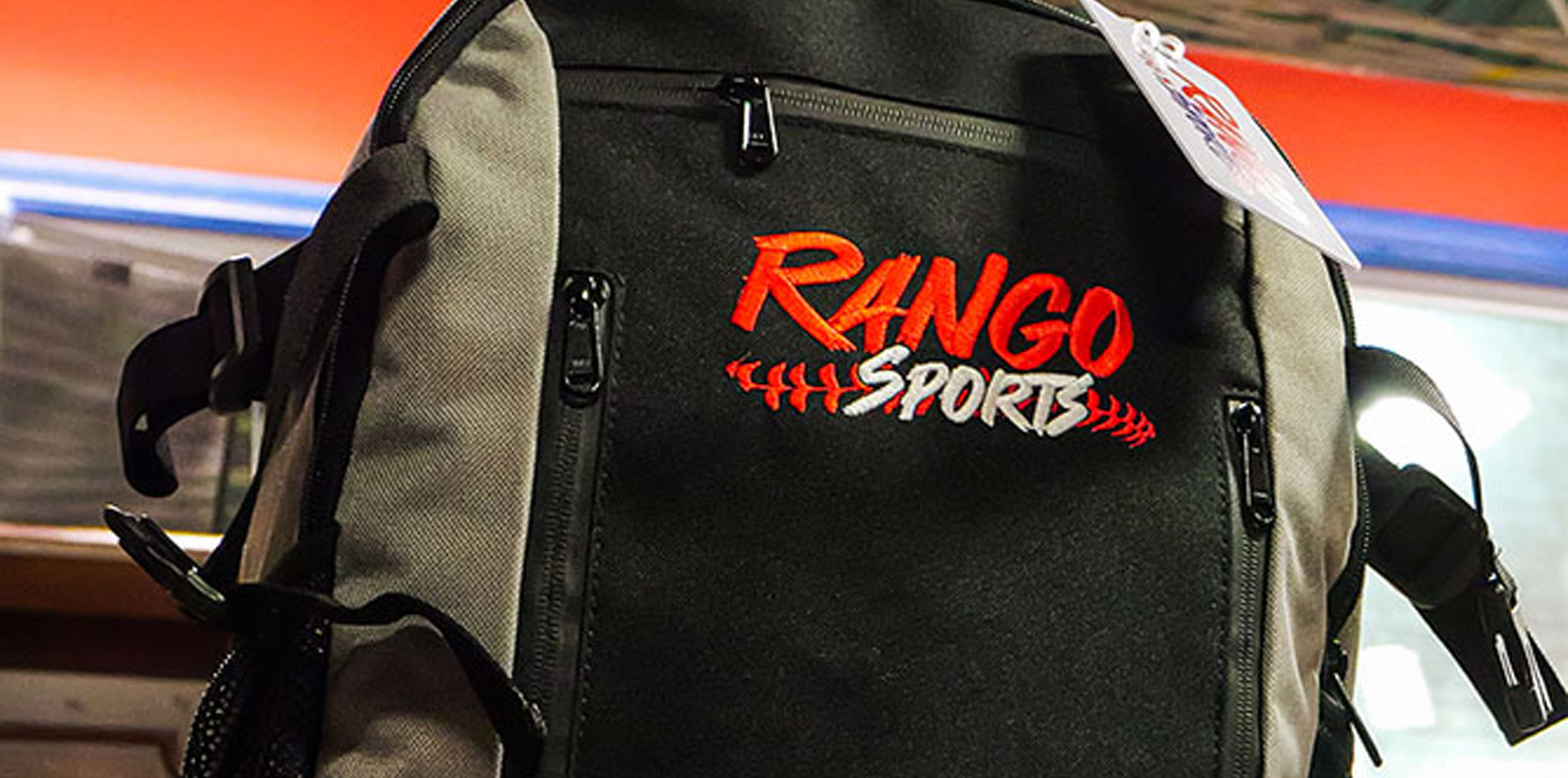 Close-up of a baseball bag with the Rango Sports logo 