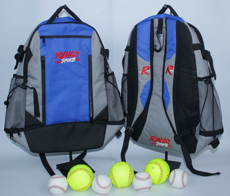 Two Rango Sports Walrus-Pack baseball bags with baseballs and softballs in front
