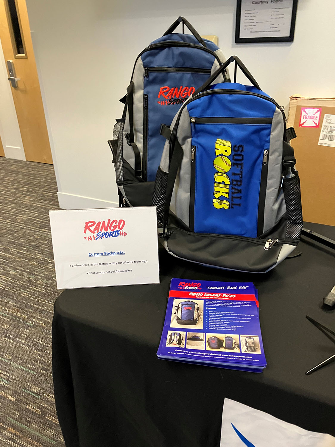 Rango Sports bag display at the UMaine Band Director Festival